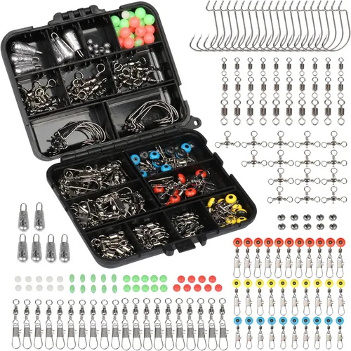 Kit de accesorios de pesca, juego de pesca con caja de aparejos, anzuelos de pesca, pesos, cabezas de plantilla, juntas tóricas, giros de barril,