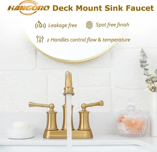 Miniatura 3 de Grifo de baño de oro cepillado de 4 pulgadas, grifo de baño de 2 manijas de 3 agujeros, grifo de baño de latón antiguo con manguera de suministro