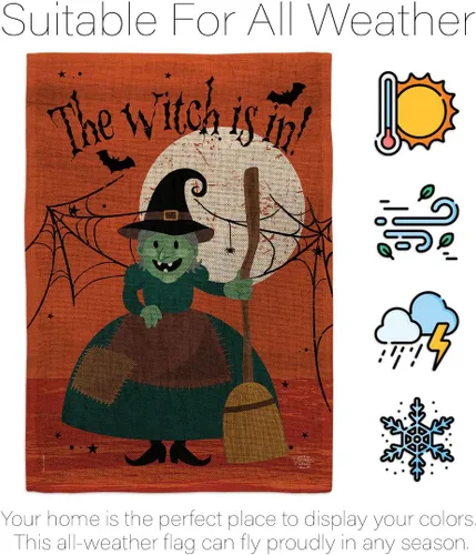 Miniatura 6 de Juego de banderas de Halloween con estacas de jardín, cartel de arpillera para puerta, soporte de pared, tumba, porche, tapiz al aire libre, bruja