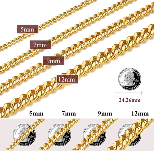 Miniatura 7 de FindChic - Cadena de eslabones para hombre, chapado en oro de 18 quilates, acero inoxidable, negro, collar para hombres y niños, 14 a 30pulgadas, 8