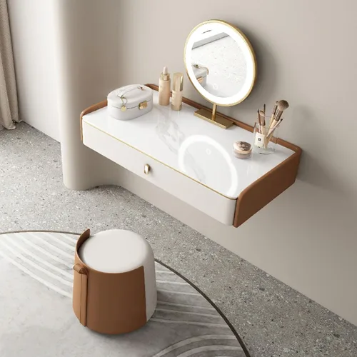 Miniatura 4 de Mesa de tocador de maquillaje montada en la pared con espejo iluminado, estante de almacenamiento de escritorio de maquillaje con cajones y taburete