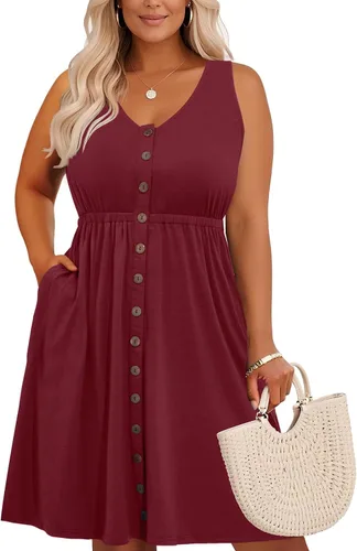 Holipick Vestidos de verano para mujer, talla grande, casual, con bolsillos, acampanado, con botones, sin mangas, cuello en V