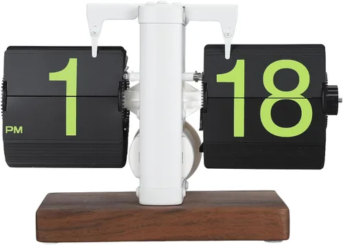 Reloj mecánico con base de madera, números grandes de una sola cara de 12 horas, marco blanco esmerilado, página verde, retro vintage, fácil de Tipo