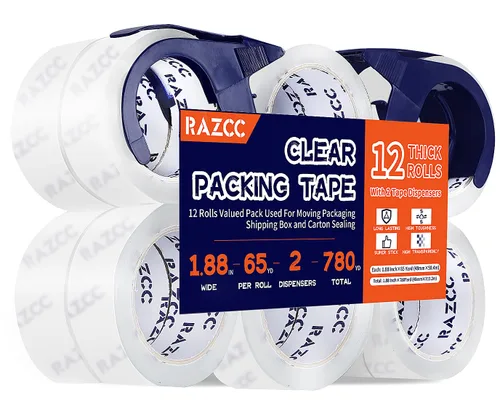 RAZCC Cinta de embalaje, 12 rollos de cinta de embalaje transparente resistente con dispensadores para embalaje, envío, mudanza y correo, cinta de