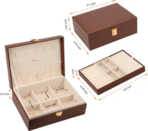 Miniatura 6 de Voova Joyero organizador para mujeres y niñas, 2 capas grandes para hombres, estuche de almacenamiento de joyas de piel sintética con bandeja