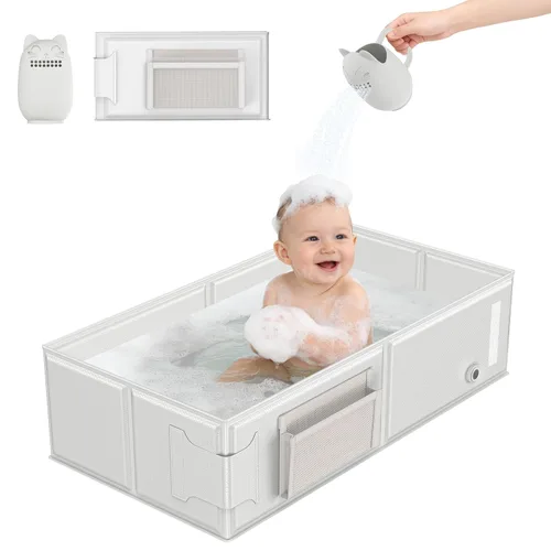 Miniatura 7 de Bañera plegable para bebé, convierte la ducha en bañera, bañera portátil 2 en 1 para niños pequeños con taza de enjuague, sin montaje, fácil de Rosa