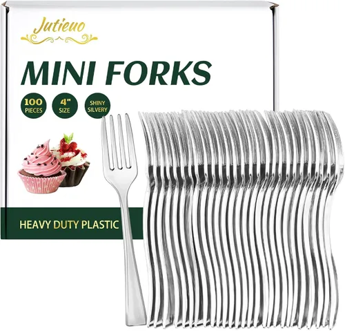 Miniatura 8 de 100 mini tenedores dorados de 4 pulgadas, pequeños tenedores de postre de plástico dorado, desechables, resistentes, diminutos tenedores