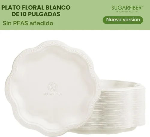 Miniatura 7 de Bagasse - Acanthus Collection platos florales desechables de primera calidad de diez pulgadas, fibras de caña de azúcar natural, 100 % natural