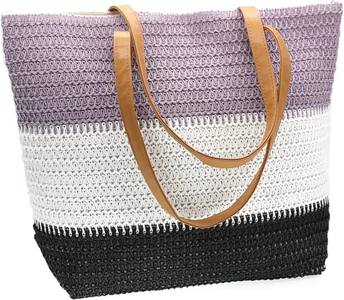 Miniatura 98 de Bolso grande de paja para mujer, tejido de ratán, bolso de playa de verano, a rayas