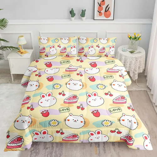 Miniatura 18 de Juego de ropa de cama Kawaii de fresa para niñas, juego de ropa de cama con patrón de cuadrícula rosa con 1 edredón y 2 fundas de almohada