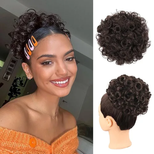 Miniatura 12 de Matthia Moño ondulado desordenado para mujer, moño corto y rizado con cordón, moño recogido, 1 moño grande y grueso, rizado, negro, clip en colas