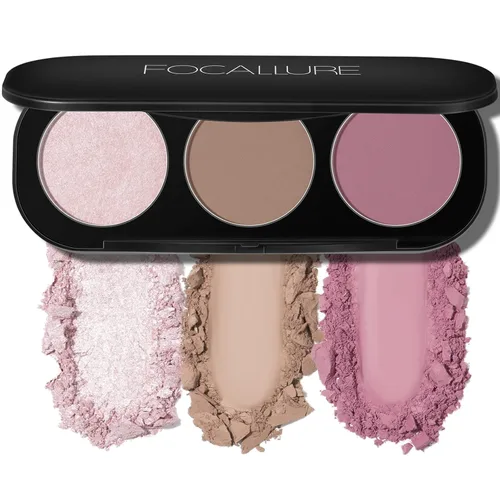 Miniatura 10 de FOCALLURE Paleta de Rubor e Iluminador, Polvo de Maquillaje 3 en 1, Mate Sin Crueldad, Iluminador con Destello para un Aspecto Radiante, #03