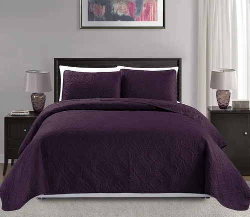 Mk Collection Colcha Tamaño Full/Queen Tamaño Extra Grande 100"x106" 3 piezas Diamante Colcha Cubrecama Relieve Sólido Morado Oscuro Nuevo