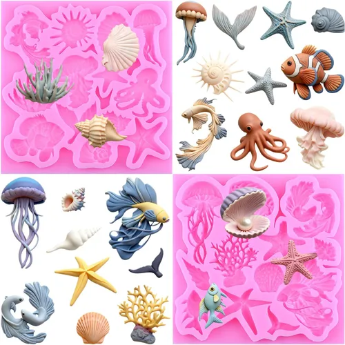 Miniatura 13 de ZiXiang Molde de fondant con temática marina, moldes de silicona para peces, tiburones marinos, coral, caramelo, para decoración de tartas