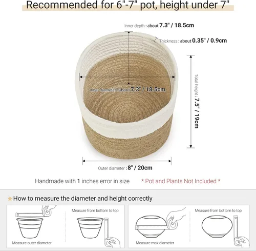 Miniatura 3 de Dahey - Cesta tejida pequeña de cuerda de algodón para plantas, cesta enrollada para macetas de hasta 7 pulgadas, cesta decorativa para cubrir