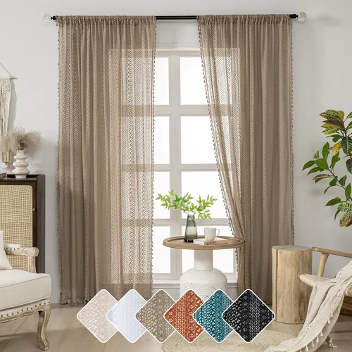 Miniatura 28 de WAZZIO Cortinas de Encaje, Cortina Boho de Crochet para Dormitorio, Cortinas de Café de Algodón, 45 Pulgadas de Largo, 2 Paneles con Bolsillo