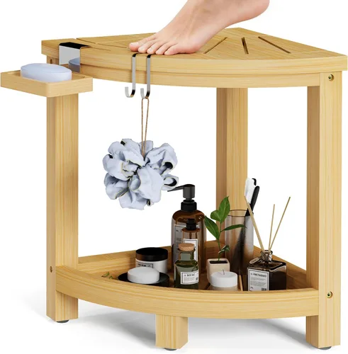 Taburete de ducha esquinero de bambú de 2 niveles para afeitar piernas, banco impermeable con estante de almacenamiento y jabonera, reposapiés