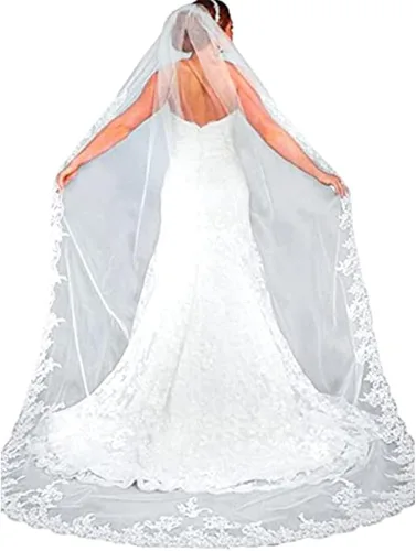 Salliy Capa velo de novia velo de novia bordado borde de encaje novia con peine longitud catedral accesorios para el cabello (marfil-2), marfil