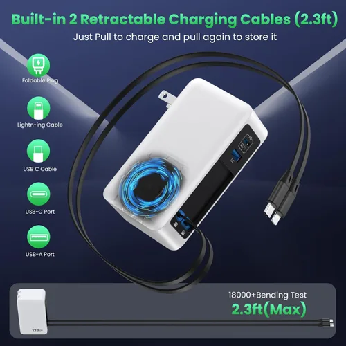 Miniatura 2 de Bloque de cargador USB C de 120W con 2 cables retráctiles integrados, cargador de pared con enchufe plegable GaN IV 4 en 1, estación de carga