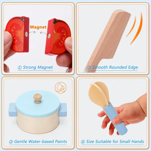 Miniatura 5 de Accesorios de cocina de juguete, juego de cocina de madera, juego de cocina de simulación para niños, incluye estufa, ollas y sartenes de cocina