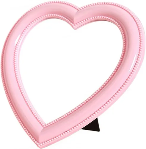 Miniatura 11 de Mokoze Espejo en forma de corazón para escritorio o pared, espejo de tocador rosa claro de 11 x 10.6 pulgadas con soporte y agujero para colgar