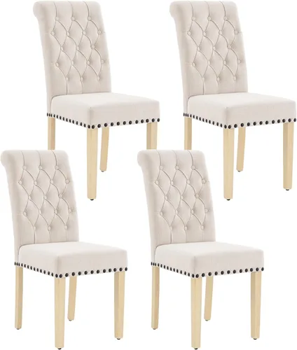 Miniatura 22 de adochr Juego de 2 sillas de comedor de tela de lino, silla de comedor tapizada con patas de madera, sillas Parsons sin brazos para Beige