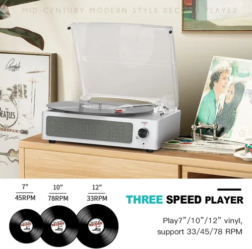 Miniatura 3 de Reproductor de discos de vinilo con altavoces, tocadiscos con transmisión por correa, soporte de mesa, 3 velocidades, 3 tamaños, reproducción Blanco