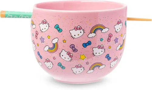 Miniatura 11 de Silver Buffalo Sanrio Hello Kitty Tazón de cerámica para ramen y arroz con diseño de flores, con palillos, apto para microondas, 20 onzas