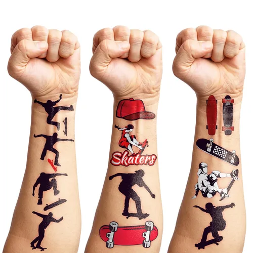 Miniatura 8 de 96 tatuajes temporales precortados para patineta, decoraciones de fiesta de cumpleaños con temática de patinaje, divertidas calcomanías para niños