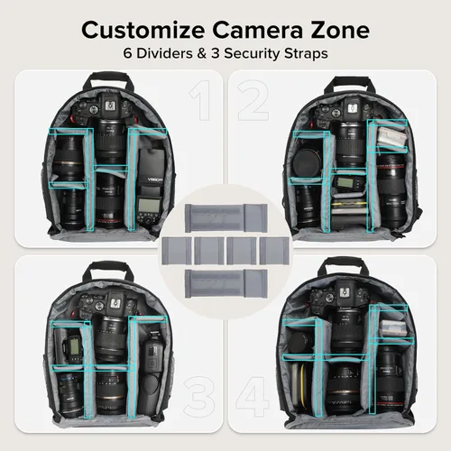 Miniatura 5 de Mochila para cámara pequeña - Impermeable Profesional DSLR Cámara Bolsa Mochila de fotografía con interior personalizable, para Canon Nikon Sony