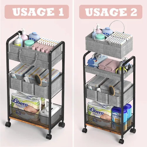 Miniatura 3 de LIDTOP Carrito de pañales 2 en 1 y carrito de pañales rodante de 3 niveles, carrito organizador de pañales con divisores, carrito móvil de metal