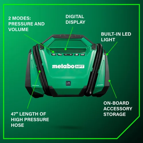 Miniatura 7 de Metabo HPT Inflador de doble función inalámbrico multivoltios de 18 V, inflador de aire portátil con modos de alta presión y alto volumen, presión