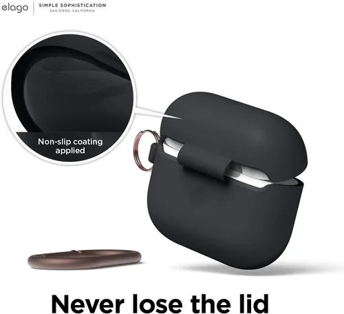Miniatura 4 de elago Funda de silicona compatible con AirPods de tercera generación, compatible con AirPods 3, mosquetón incluido, soporta carga inalámbrica, Negro