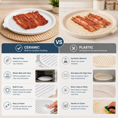 Miniatura 6 de ONEMORE Bandeja para Tocino de Microondas con Tapa Cocinador de Tocino de Cerámica Rejilla para Carne para Cocinar en Horno Fabricante de Tocino