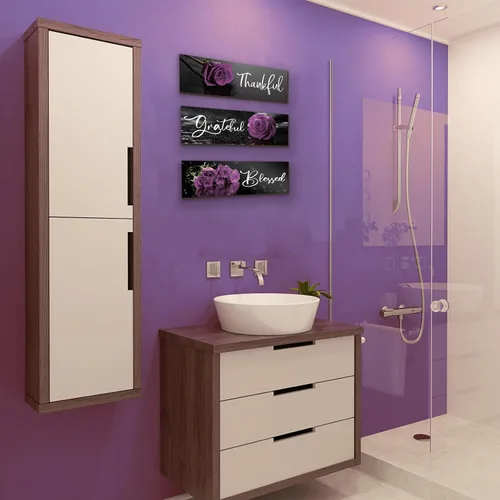 Miniatura 7 de ZINYAZHE 3 piezas de decoración de baño morada, arte de pared con diseño de rosas inspiradoras, letrero de cocina morado y negro, decoración