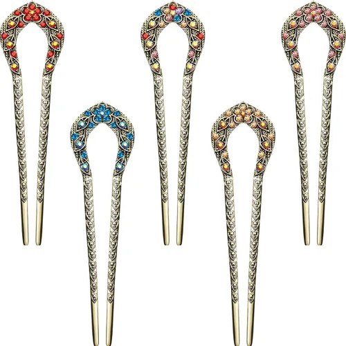 Waydress 5 horquillas de pelo vintage para moños, pinzas de metal para moños, palillos de cristal con diamantes de imitación de doble punta, pasador
