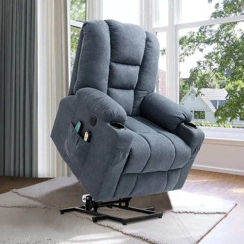 Miniatura 7 de VIVIJASON Silla reclinable eléctrica para personas mayores con calefacción por vibración, masaje de tela suave, con 2 controles remotos, puertos Azul
