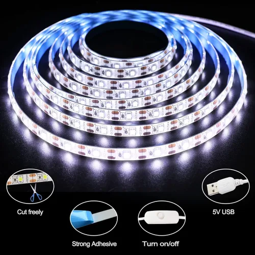 Miniatura 2 de Tira de luces LED USB de 5 V, color blanco, 6000 K, 9.84 pies, SMD 2835 IP65, impermeable, 180 LED, tira de luz Plug and Play con interruptor