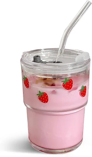 Miniatura 12 de Olvini Vaso de vidrio de 13 onzas con popote y tapa, vaso reutilizable para café helado, bonitas tazas de vidrio para agua, matcha, tazas de café