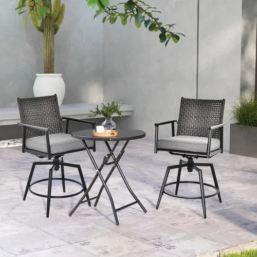 Miniatura 4 de COSTWAY Juego de 2 taburetes de bar giratorios para patio, silla de bar con marco de metal, respaldo de ratán de polietileno, cojín acolchado