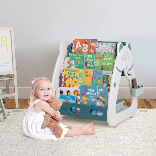 Miniatura 9 de Costzon Caballete de arte 3 en 1 para niños, pizarra magnética de borrado en seco de doble cara y estante para libros para niños con silla