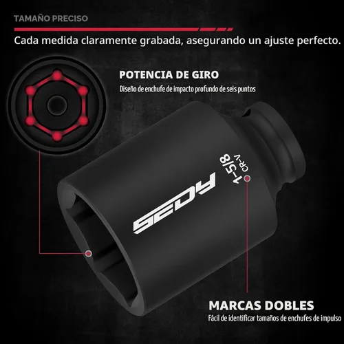 Miniatura 4 de SAE Juego de zócalos de impacto profundo de 8 piezas de 1/2 pulgada Juego de tuercas de eje de rueda Adaptador estándar Grandes zócalos Junta