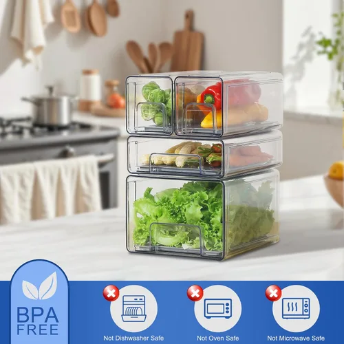 Miniatura 7 de Cajones organizadores de refrigerador transparentes extraíbles con escurridor, contenedores de almacenamiento apilables para refrigerador