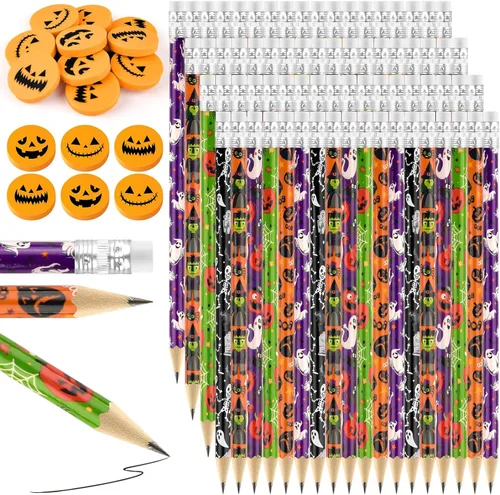 Zuazaor 48 lápices de Halloween con 48 piezas de borradores de calabaza 3D a granel para estudiantes, bolsas de regalo, regalos de oficina, escuela,