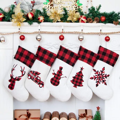 Miniatura 8 de LUBOT Juego de 4 medias de Navidad grandes para la familia, 20 pulgadas, silueta de búfalo rojo a cuadros para colgar en la chimenea, decoración