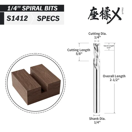 Miniatura 2 de Zahyox Broca de fresadora en espiral de vástago de 1/4 pulgadas, compresión arriba y abajo, carburo sólido, fresadora CNC recta para madera, 1/4