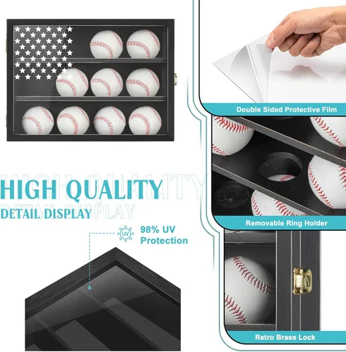Miniatura 3 de Vitrina de béisbol retro con capacidad para 12 bolas, caja de almacenamiento de béisbol de 11 x 16 pulgadas con vidrio acrílico HD, soporte de pared