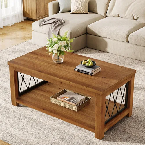 Miniatura 9 de Mesa auxiliar de madera maciza de 47.2 pulgadas, diseño de almacenamiento de 2 niveles, mesa de cóctel central rectangular de granja, marco de metal