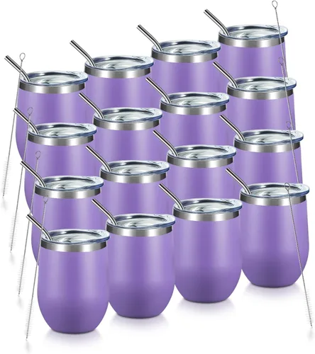 Miniatura 27 de COMOOO Vaso de vino aislado de 12 onzas con tapa, vaso de vino de acero inoxidable sin tallo, vaso de vino de doble pared al vacío con pajita, café