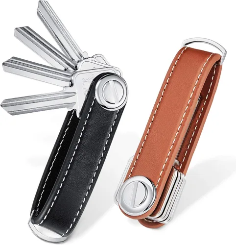 2 juegos de cuero organizador de llaves compacto plegable para llaves de bolsillo hasta 16 para hombres regalo del día del padre (negro, marrón),